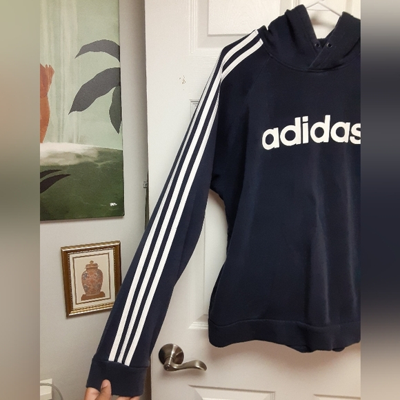 Adidas Navy Blue Longsleeve Graphic Logo Pocket Front Pullover Hoodie Sweatshirt - Picture 5 of 7